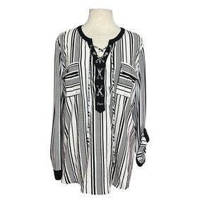 Nygard Black White Vertical Stripe Lace Up Front Blouse XL